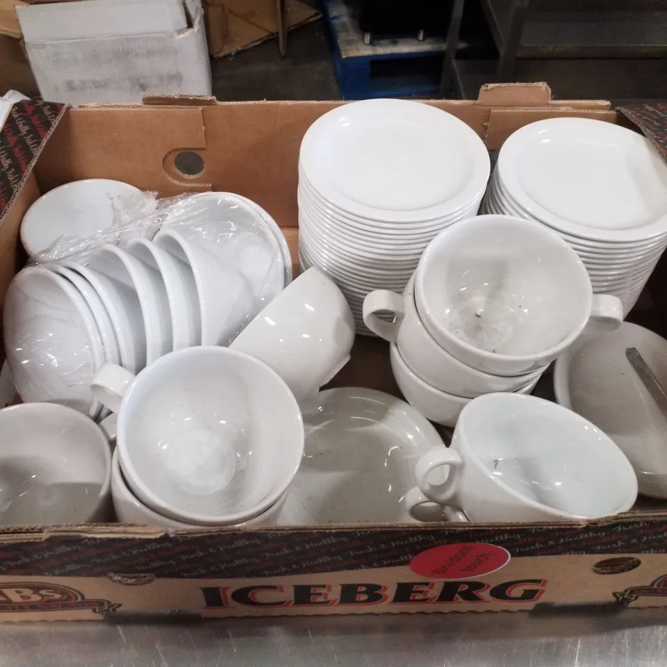 WHITE CERAMIC DINNERWARE SET INCLUDING CUPS, SAUCERS, BOWLS & PLATES