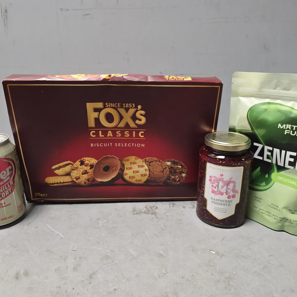 APPROXIMATELY 10 ASSORTED FOOD & DRINK ITEMS TO INCLUDE - DR PEPPER VANILLA FLOAT , FOXS CLASSIC , MATCHA FUEL ETC