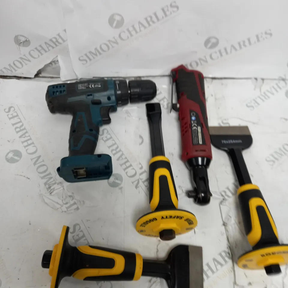 5 TOOLS INCLUDING DRILL, SCRAPER, RATCHET WRENCH