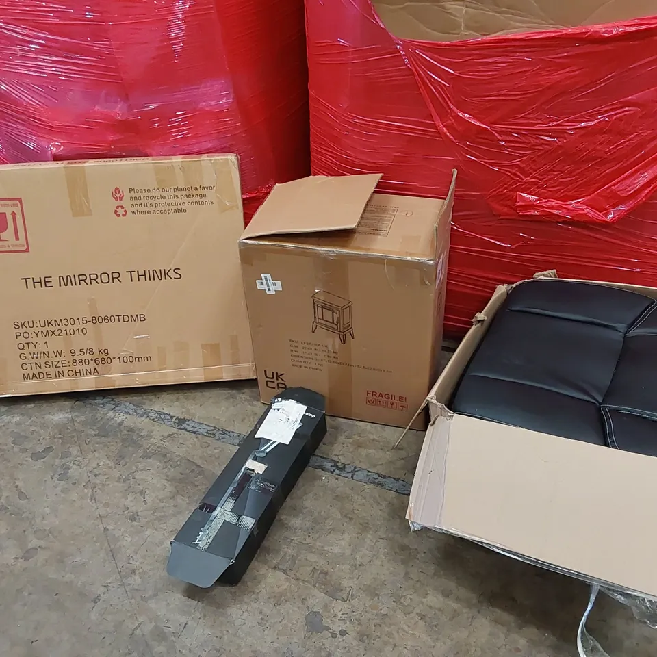 PALLET OF ASSORTED HOMEWARE AND CONSUMER PRODUCTS TO INCLUDE; ELECTRIC FIREPLACE, LARGE MIRROR, OFFICE CHAIR, CLAMP DESK LAMP ECT.