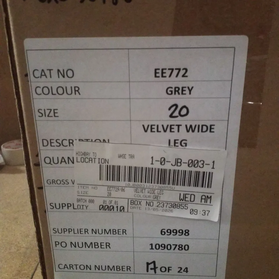 BOX CONTAINING APPROXIMATELY 10 BRAND NEW JD WILLIAMS GREY VELVET WIDE LEG TROUSERS - SIZE 20