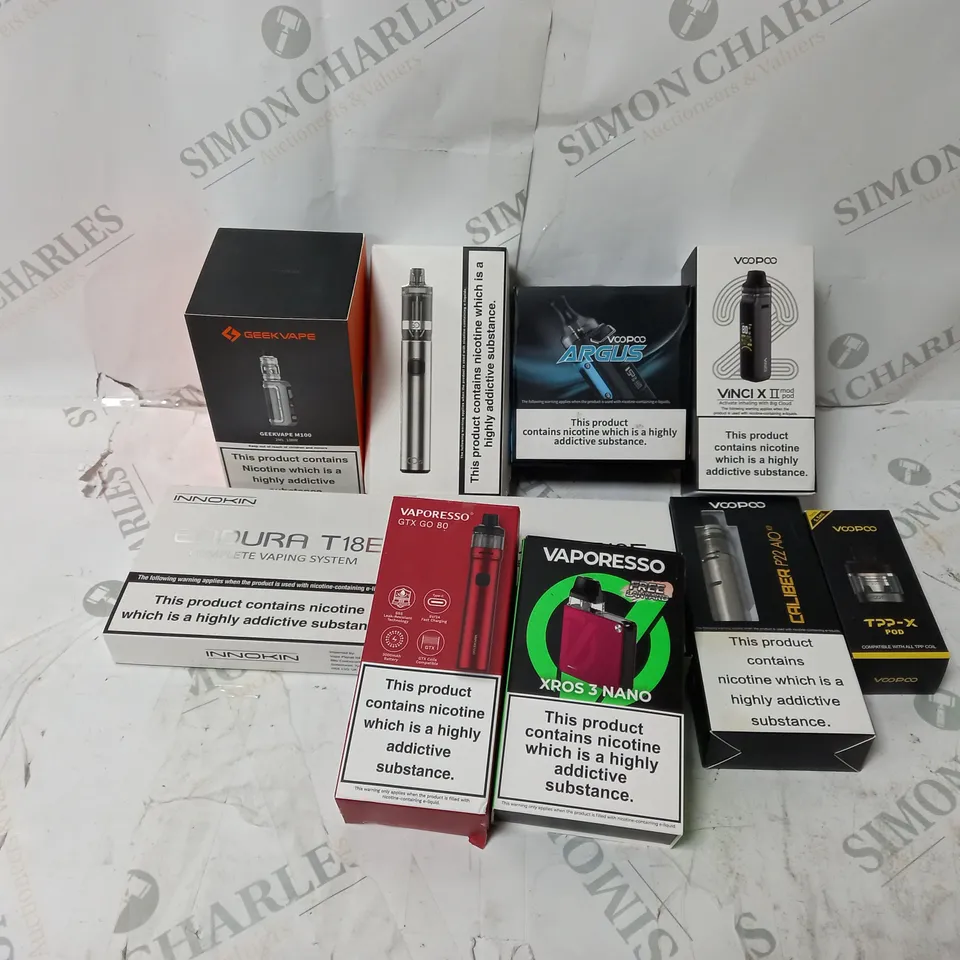 BOX OF APPROXIMATELY 10 ASSORTED E-CIG PRODUCTS TO INCLUDE GEEKVAPE, VOOPOO, VAPORESSO 