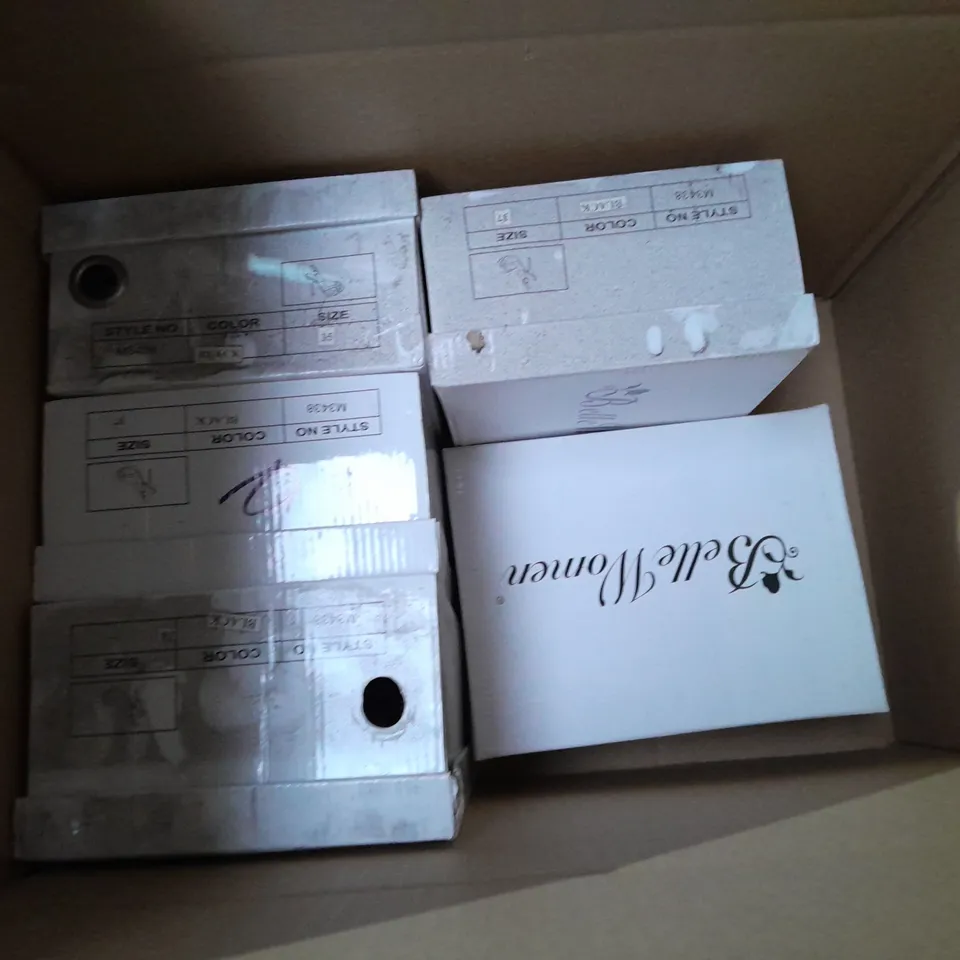 APPROXIMATELY 5 BOXED PAIRS OF SNAKE PATTERN OPEN TOE HIGH HEELS 