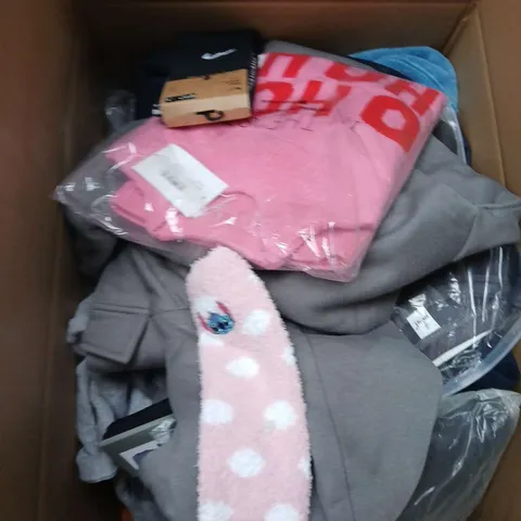 LARGE BOX OF ASSORTED CLOTHING ITEMS IN VARIOUS SIZES, STYLES AND COLOUR 