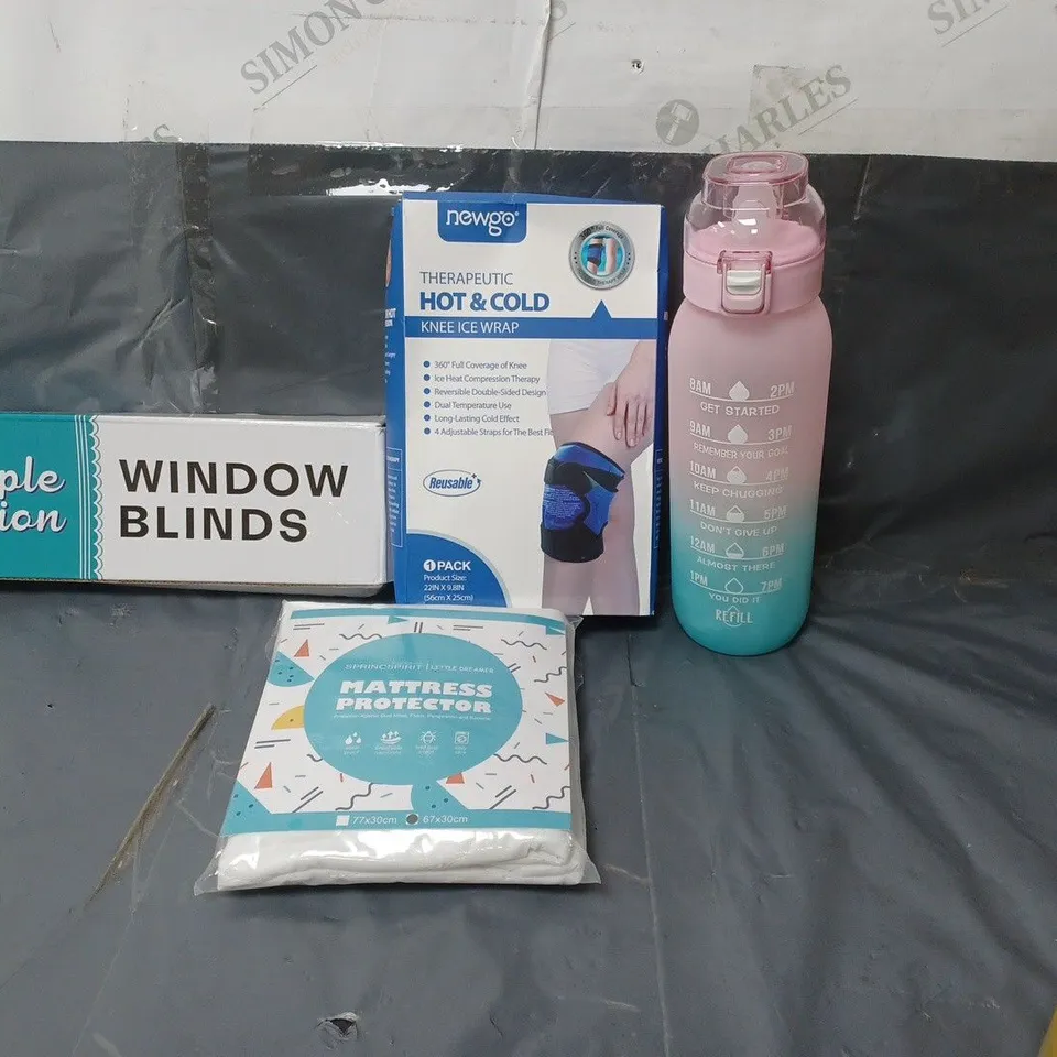 APPROXIMATELY 15 HOUSEHOLD ITEMS TO INCLUDE DRINKING BOTTLE, WINDOW BLINDS AND HOT AND COLD ICE KNEE WRAPS