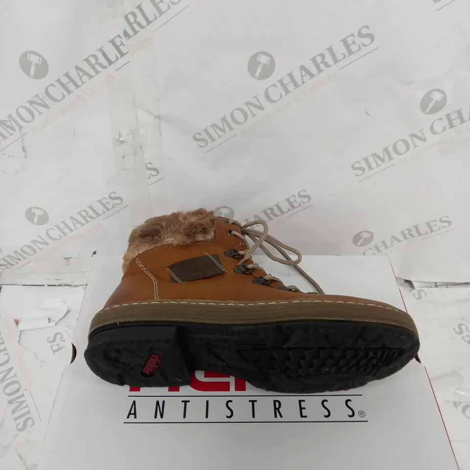 BOXED PAIR OF RIEKER LACE UP ANKLE BOOTS - TAN - UK SIZE 5