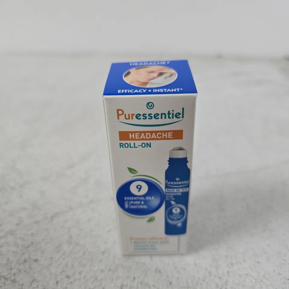 BOX OF APPROXIMATELY 140 X PURESSENTIEL HEADACHE ROLL-ON – 9 ESSENTIAL OILS - EXP DATE 2 / 22