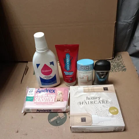 APPROXIMATELY 20 HEALTH AND BEAUTY PRODUCTS TO INCLUDE ORALIEVE MOUTH RINSE, ANDREX TOILET TISSUE WIPES AND WELLA SHOCKWAVES GEL