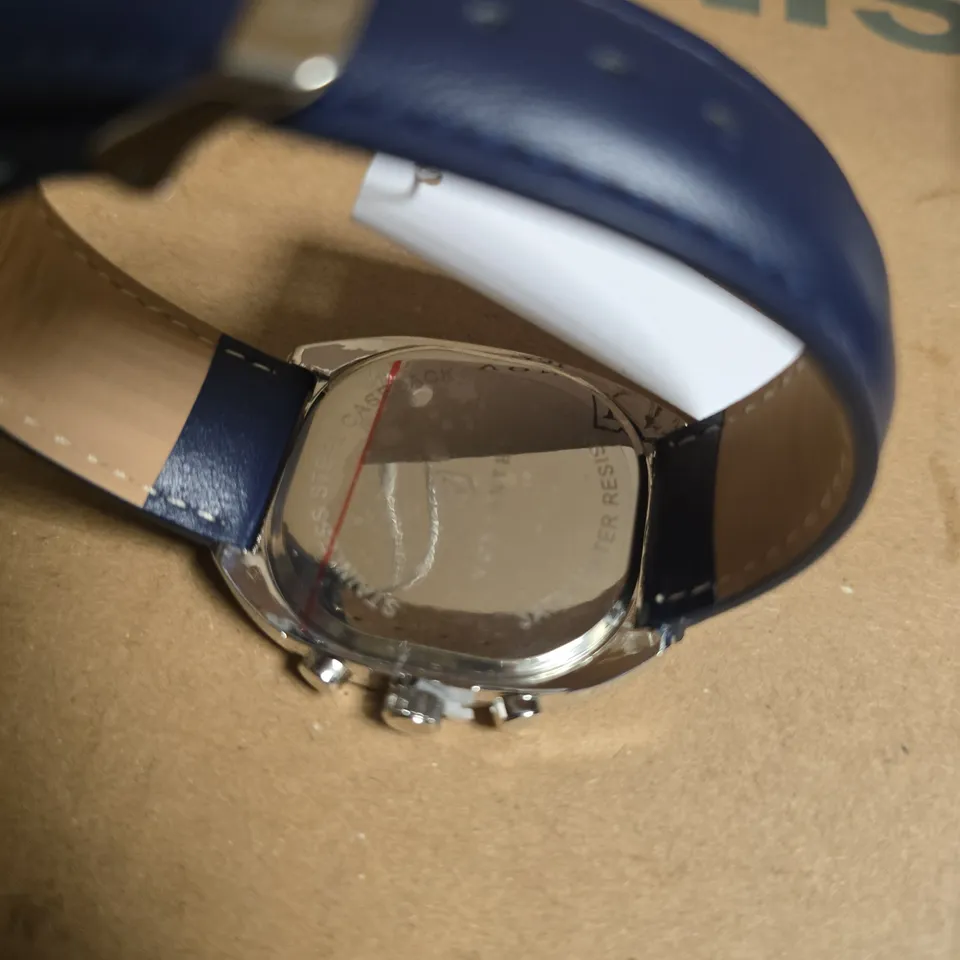 VONLANTHEN STAINLESS STEEL WRISTWATCH WITH LIGHT BLUE FACE & NAVY LEATHER STRAP