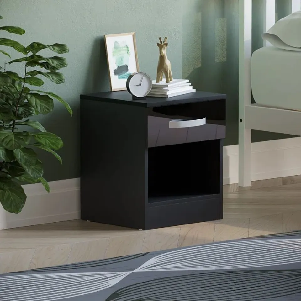 BOXED ARKADIJ HIGH GLOSS 1 DRAWER MANUFACTURED WOOD BEDSIDE TABLE (1 BOX)