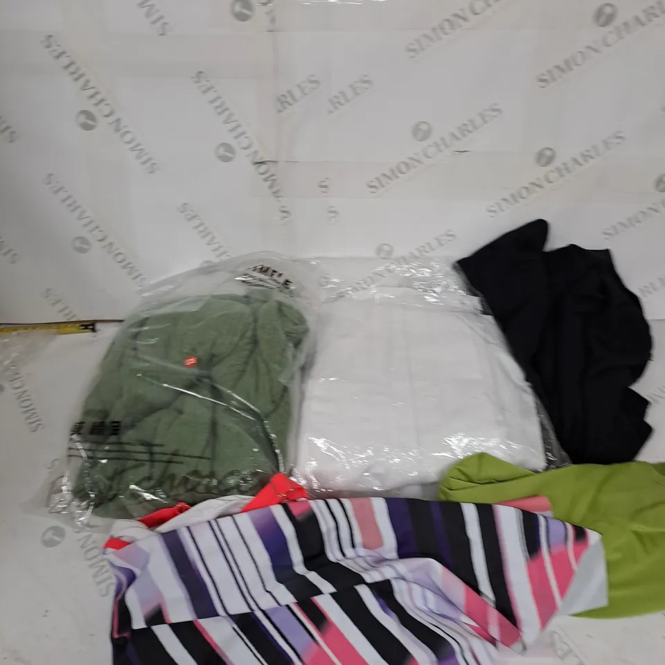 LARGE BOX OF ASSORTED CLOTHING ITEMS IN VARIOUS COLOURS AND SIZES INCLUDING TROUSERS , TOPS AND JUMPERS 