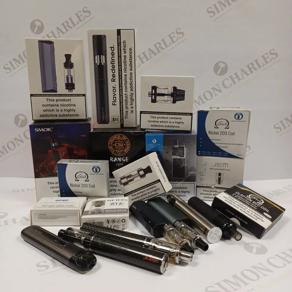 APPROXIMATELY 20 ASSORTED VAPING PRODUCTS AND ACCESSORIES TO INCLUDE INNOKIN JEM VAPE KIT, INNOKIN SCION VAPE KIT, SMOK T-PRIV KIT, ISUB NICKEL 200 COIL, etc.  