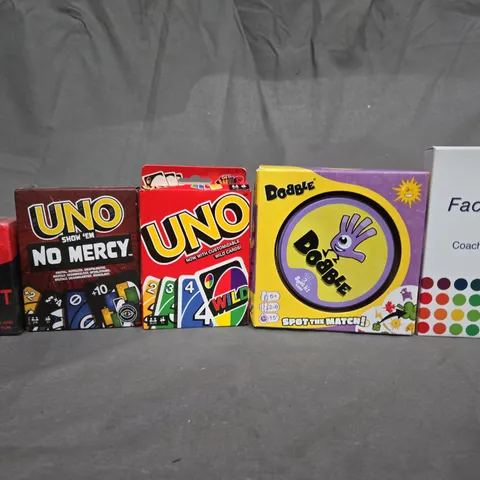 BOX OF APPROX 12 ASSORTED TOYS TO INCLUDE - UNO CARDS , FACET5 COACHING CARDS , DOBBLE SPOT THE MATCH ETC