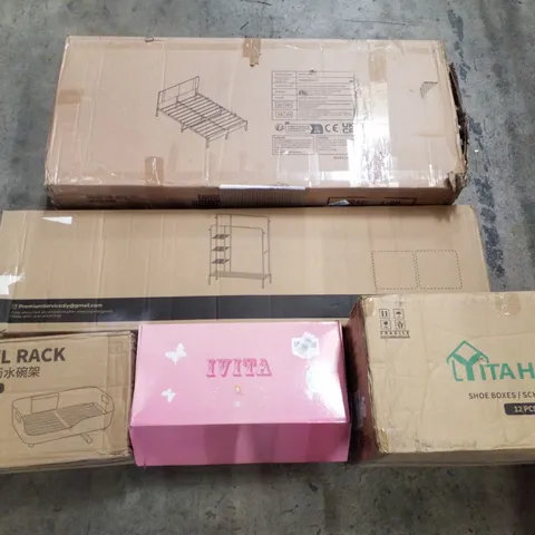 PALLET CONTAINING ASSORTED PRODUCTS INCLUDING METAL BED FRAME, CLOTHES RACK, SHOE BOXES, BOWL RACK & SILICONE BABY DOLL