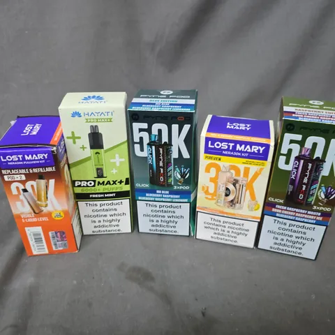 APPROXIMATELY 20 ASSORTED E-CIGARETTE PRODUCTS TO INCLUDE BRANDS SUCH AS PINE POD, HAYATI, LOST MARY, ETC - COLLECTION ONLY