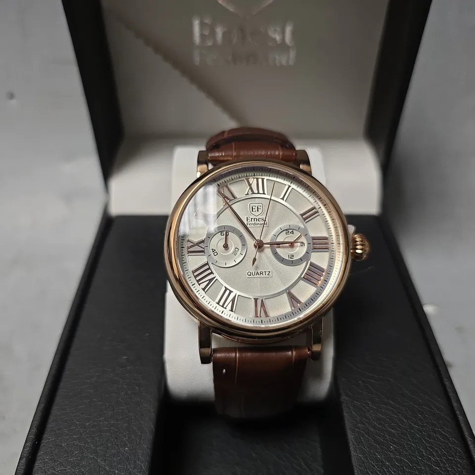 ERNEST FERDINAND WATCH – FUNCTIONING SUB DIALS – LEATHER STRAP  GIFT BOX