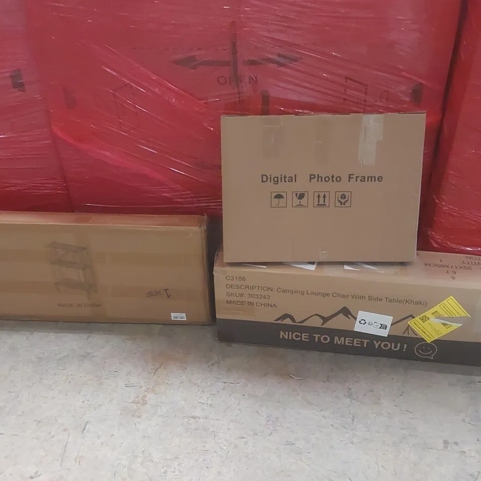 PALLET CONTAINING A VERY LARGE QUANTITY OF ASSORTED ITEMS INCLUDING: CAMPING LOUNGE CHAIR, ROLLING SHELF, DIGITAL PHOTO FRAME ECT