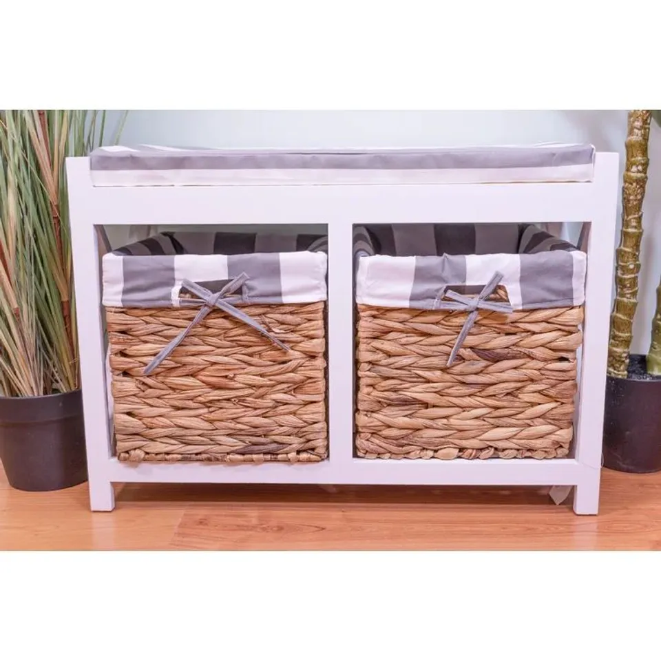 BOXED ANWAR WICKER STORAGE BENCH IN GREY AND WHITE