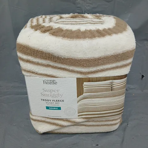 SUPER SNUGGLY TEDDY FLEECE DUVET SET IN BROWN/WHITE STRIPE - DOUBLE