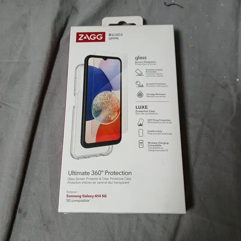 BOX OF APPROXIMATELY 40 ZAGG ULTIMATE 360° PROTECTION GLASS SCREEN PROTECTOR + CLEAR CASE FOR SAMSUNG GALAXY A14 5G – BOXED