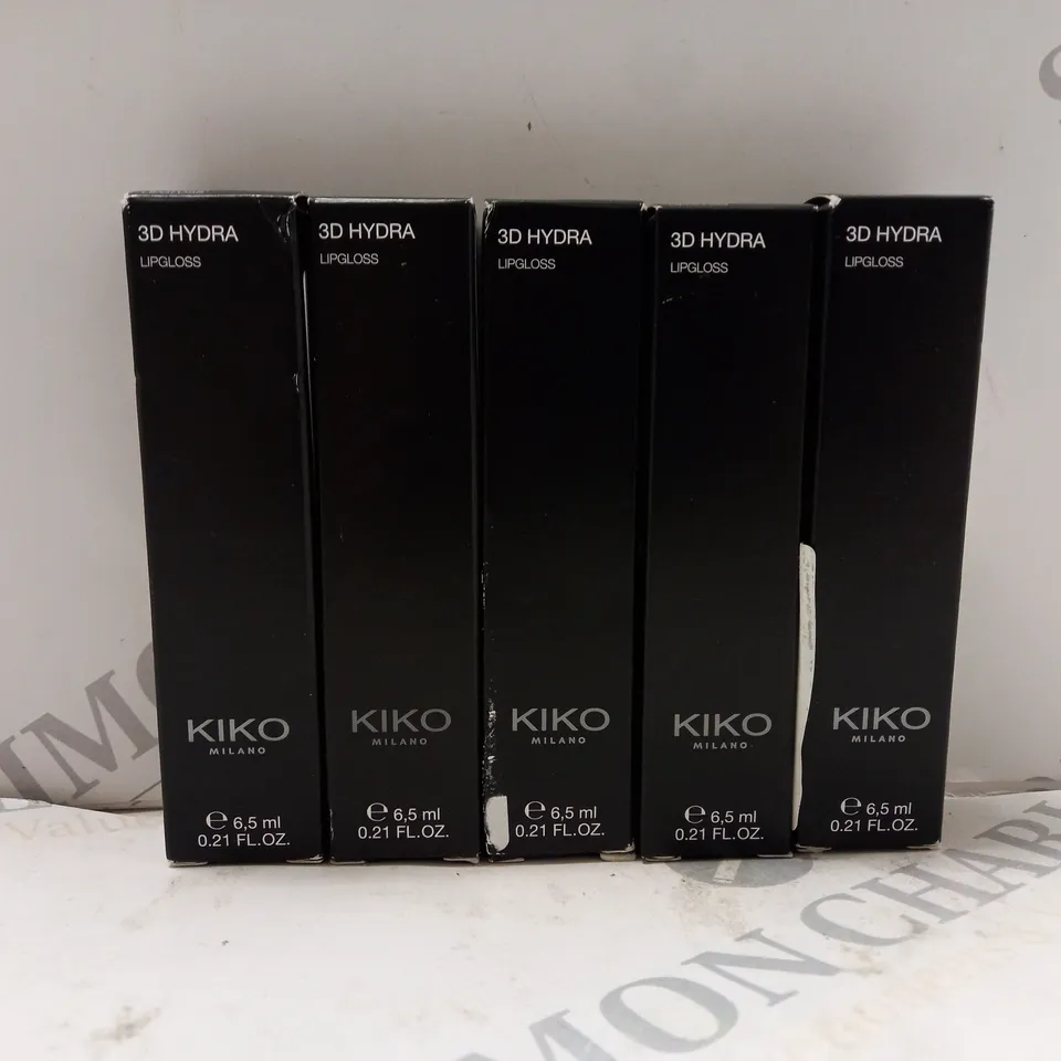 BOX OF 5 X 6.5ML VIALS OF KIKO MILANO 3D HYDRA LIP GLOSS IN ASSORTED COLOURS