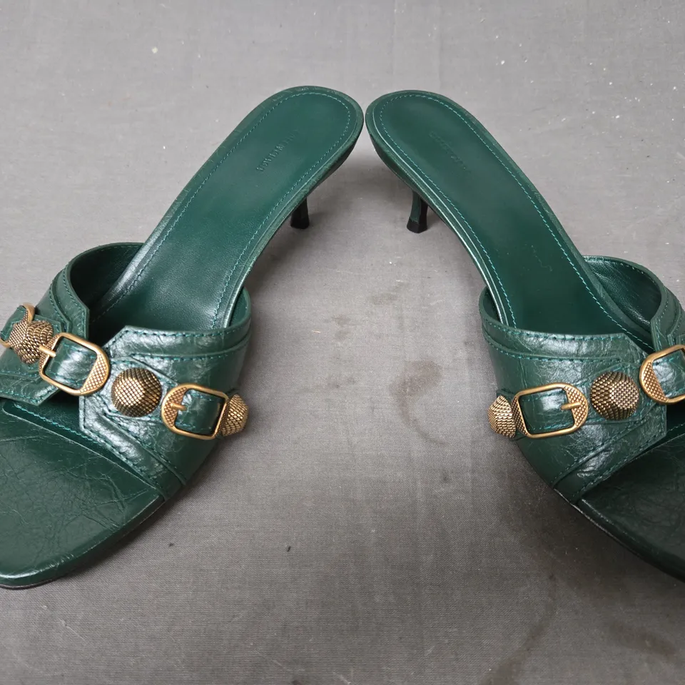 BOXED PAIR OF BALENCIAGA OPEN TOE LOW HEEL SANDALS IN DARK GREEN EU SIZE 38