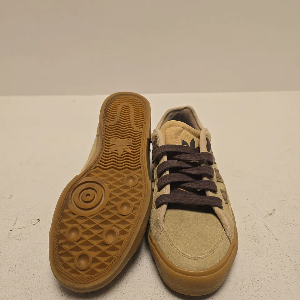 ADIDAS BEIGE SUEDE SNEAKER WITH DARK BROWN STRIPES – GUM SOLE UK SIZE 8.5