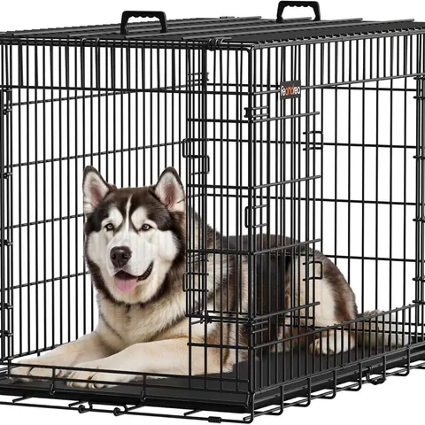 BOXED FEANDREA FOLDABLE DOG CAGE WITH 2 DOORS, REMOVABLE TRAY, 122×74.5×80.5 CM, XXL, BLACK