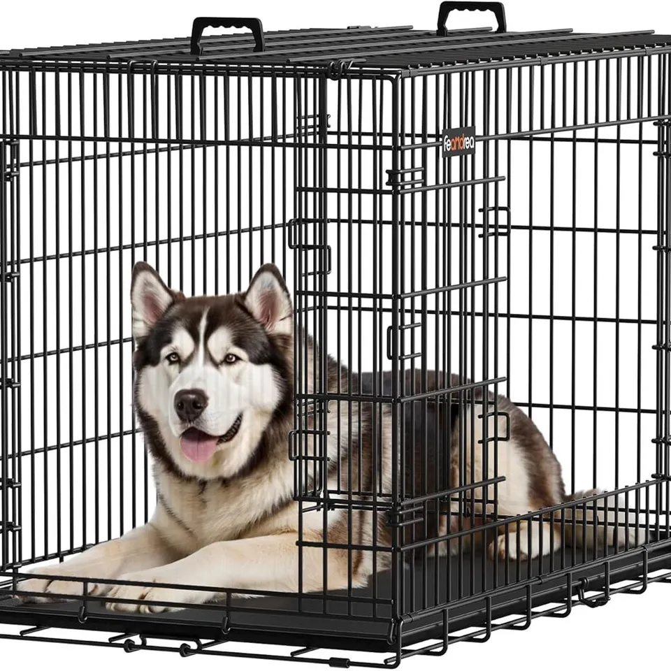 BOXED FEANDREA FOLDABLE DOG CAGE WITH 2 DOORS, REMOVABLE TRAY, 122×74.5×80.5 CM, XXL, BLACK