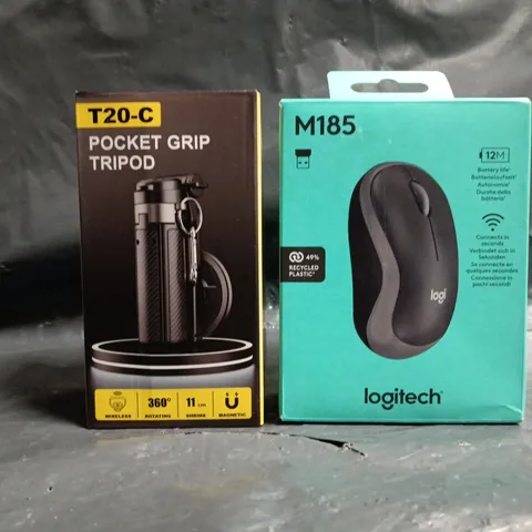 APPROXIMATELY 15 ASSORTED HOUSEHOLD ITEMS TO INCLUDE LOGITECH M185 MOUSE, T20-C POCKET GRIP TRIPOD, ETC