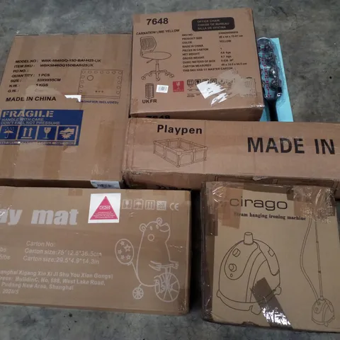PALLET CONTAINING ASSORTED PRODUCTS INCLUDING LED HOLLYWOOD MIRROR, PLAYMAT, STEAM HANGING IRONING MACHINE, PLAYPEN, TRAMPOLINE & OFFICE CHAIR