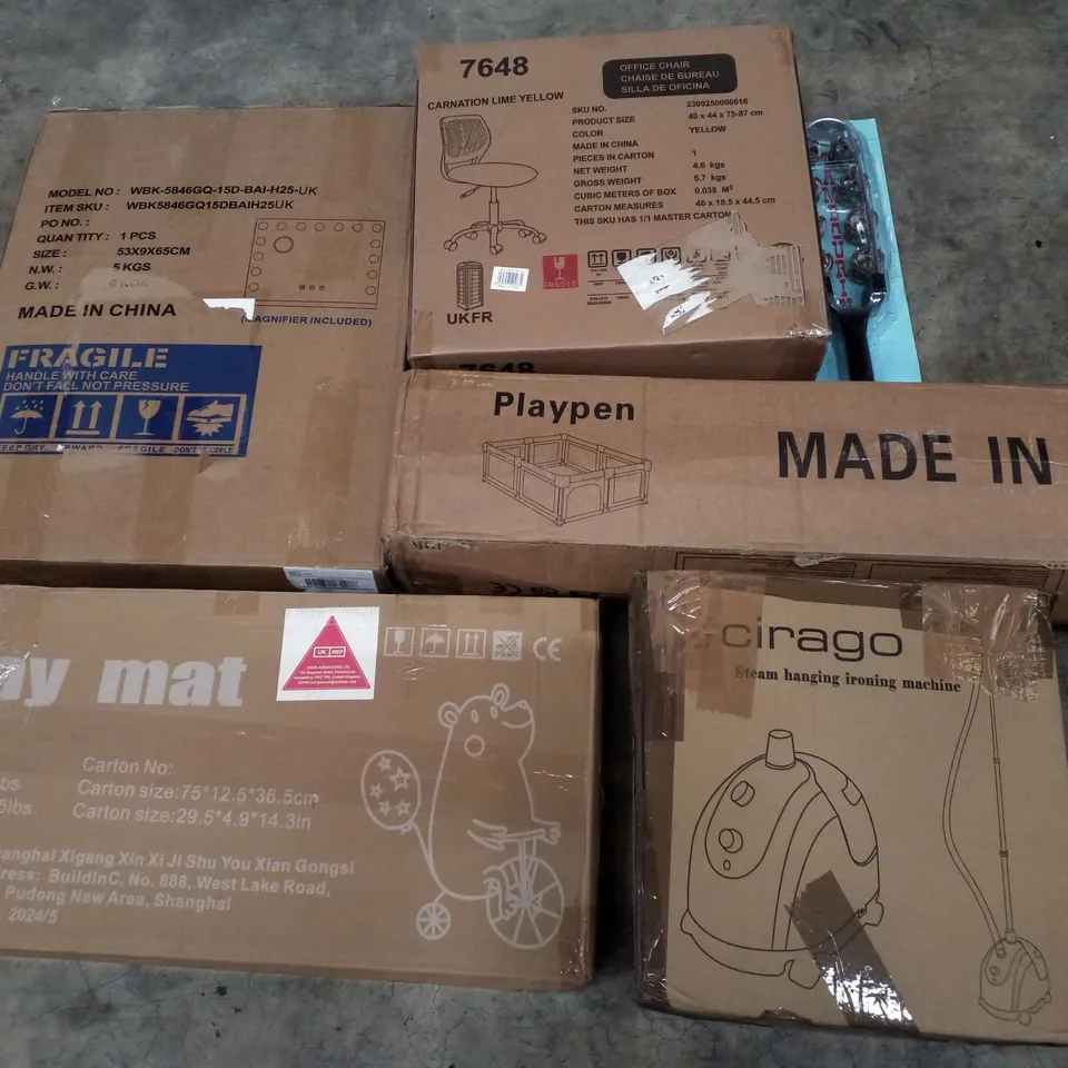 PALLET CONTAINING ASSORTED PRODUCTS INCLUDING LED HOLLYWOOD MIRROR, PLAYMAT, STEAM HANGING IRONING MACHINE, PLAYPEN, TRAMPOLINE & OFFICE CHAIR 