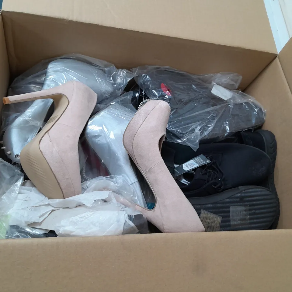 BOX OF APPROXIMATELY 10 ASSORTED SHOES IN VARIOUS COLOURS, STYLES AND SIZES
