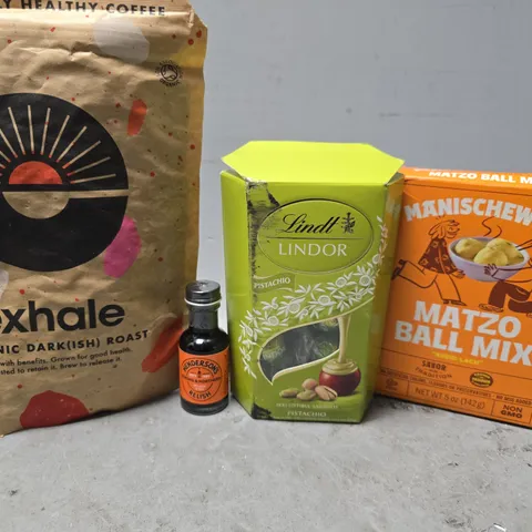 APPROXIMATELY 8 ASSORTED FOOD ITEMS TO INCLUDE - LINDT LINDOR , EXHALE ORGANIC DARKISH ROAST , MATZO BALL MIX ETC