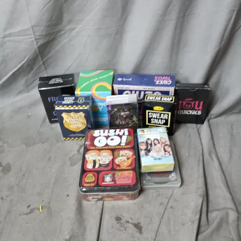 APPROXIMATELY 10 ASSORTED PACKS OF CARDS INCLUDING CLUES IN TWOS, SUSHI GO!, SHARING JOY AND GUARD AGAINST INSTANITY