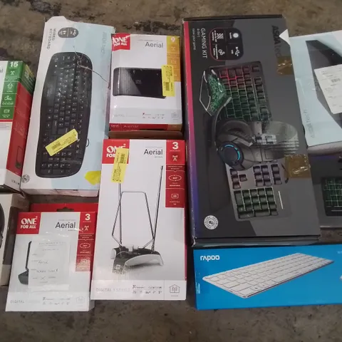 PALLET OF ASSORTED TECH ITEMS TO INCLUDE GAMING KITS, RAPOO KEYBOARD, EPSON PRINTERS, AERIALS AND DAB RADIOS