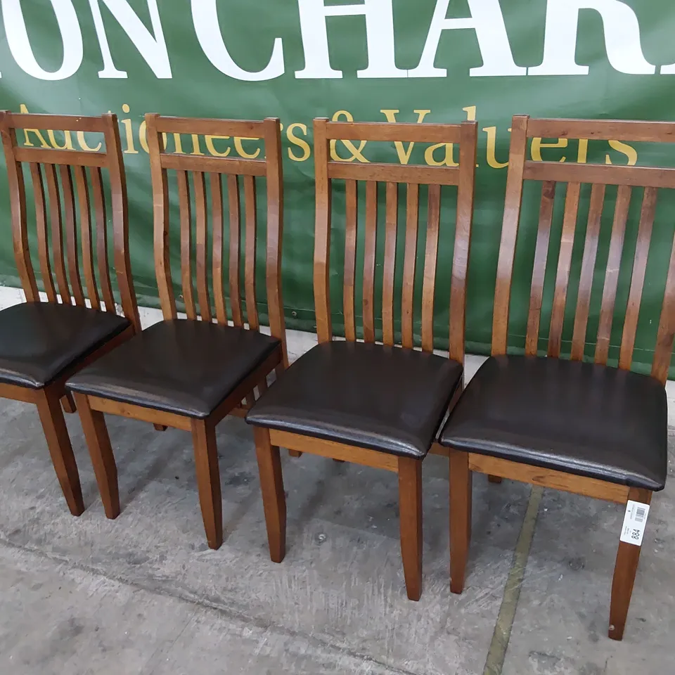 SET OF FOUR DARK WOOD DINING CHAIRS WITH BLACK PU SEATS
