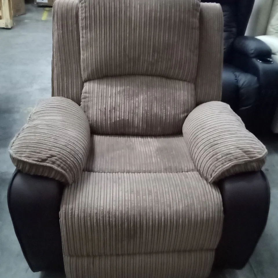DESIGNER BROWN FABRIC/BROWN LEATHER ELECTRIC RECLINER CHAIR