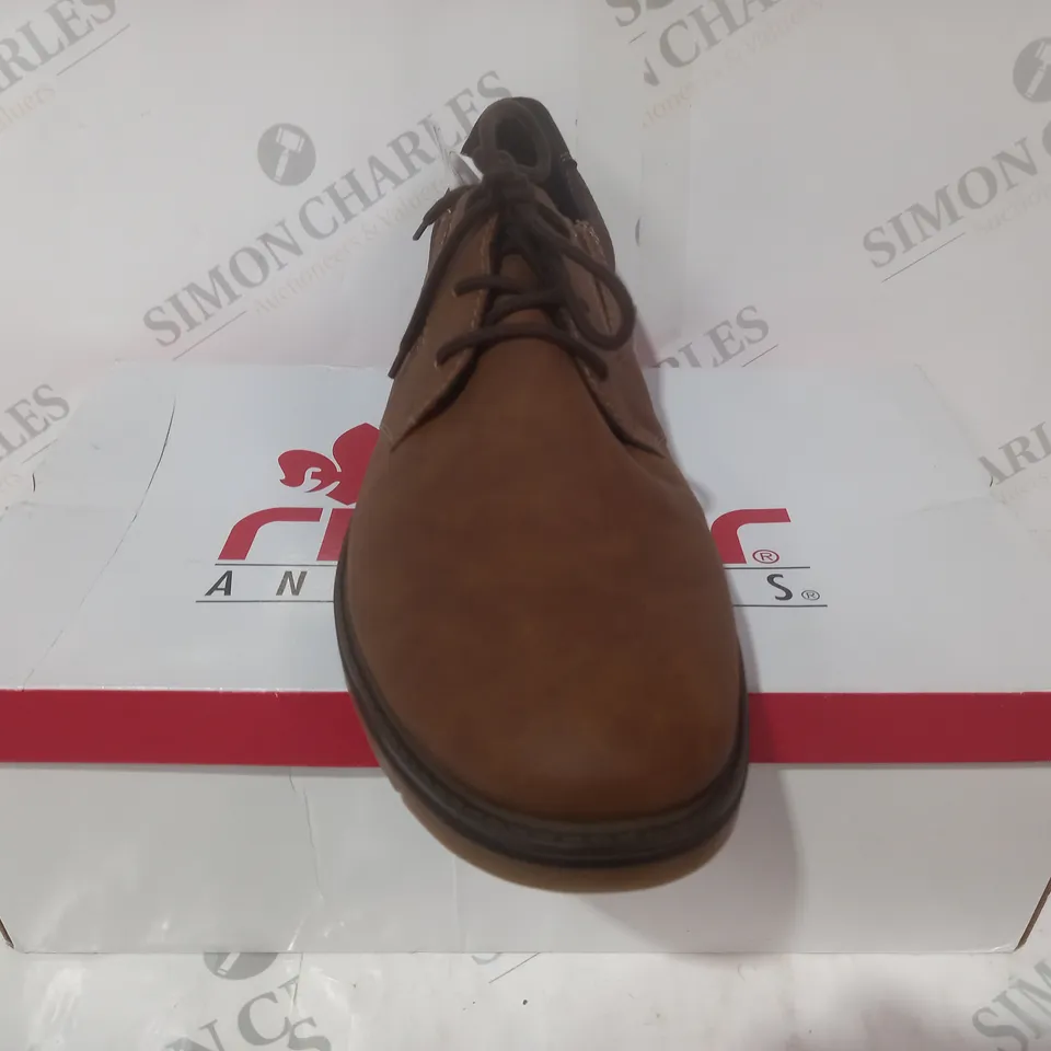BOXED PAIR OF RIEKER SHOES IN BROWN EU SIZE 44