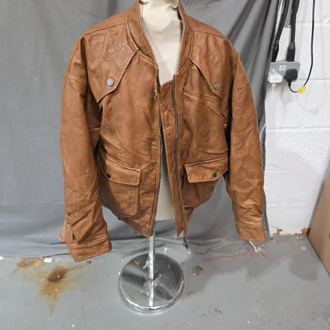 BERSHKA BROWN LEATHER-STYLE BOMBER JACKET – XS