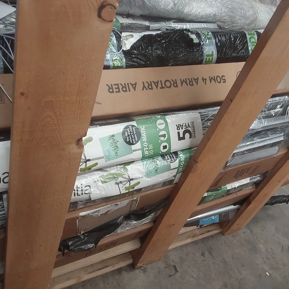 PALLET CONTAINING A LARGE QUANTITY OF CLOTHES DRYERS AND PARASOLS ECT