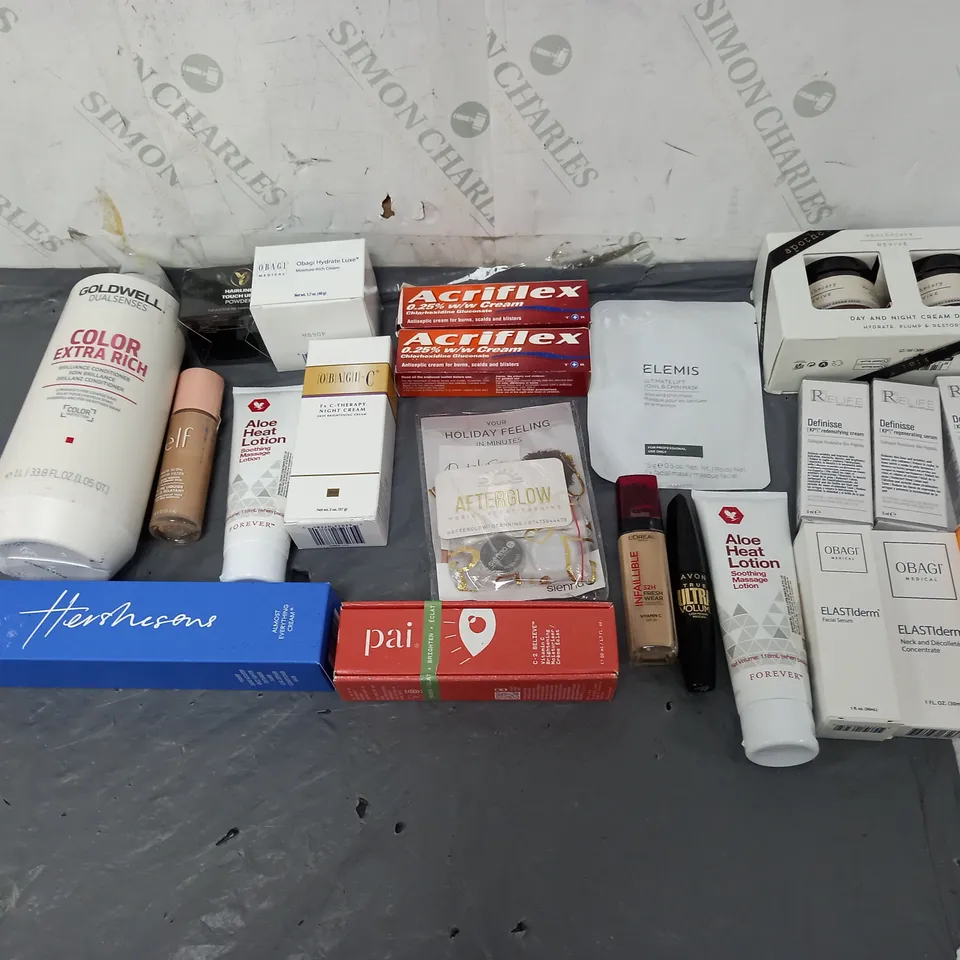 BOX OF APPROXIMATELY 12 ASSORTED COSMETIC ITEMS TO INCLUDE - ALOE VERA LOTION - OBAGI NIGHT CREAM - LOREAL INFAILLIBLE ETC.