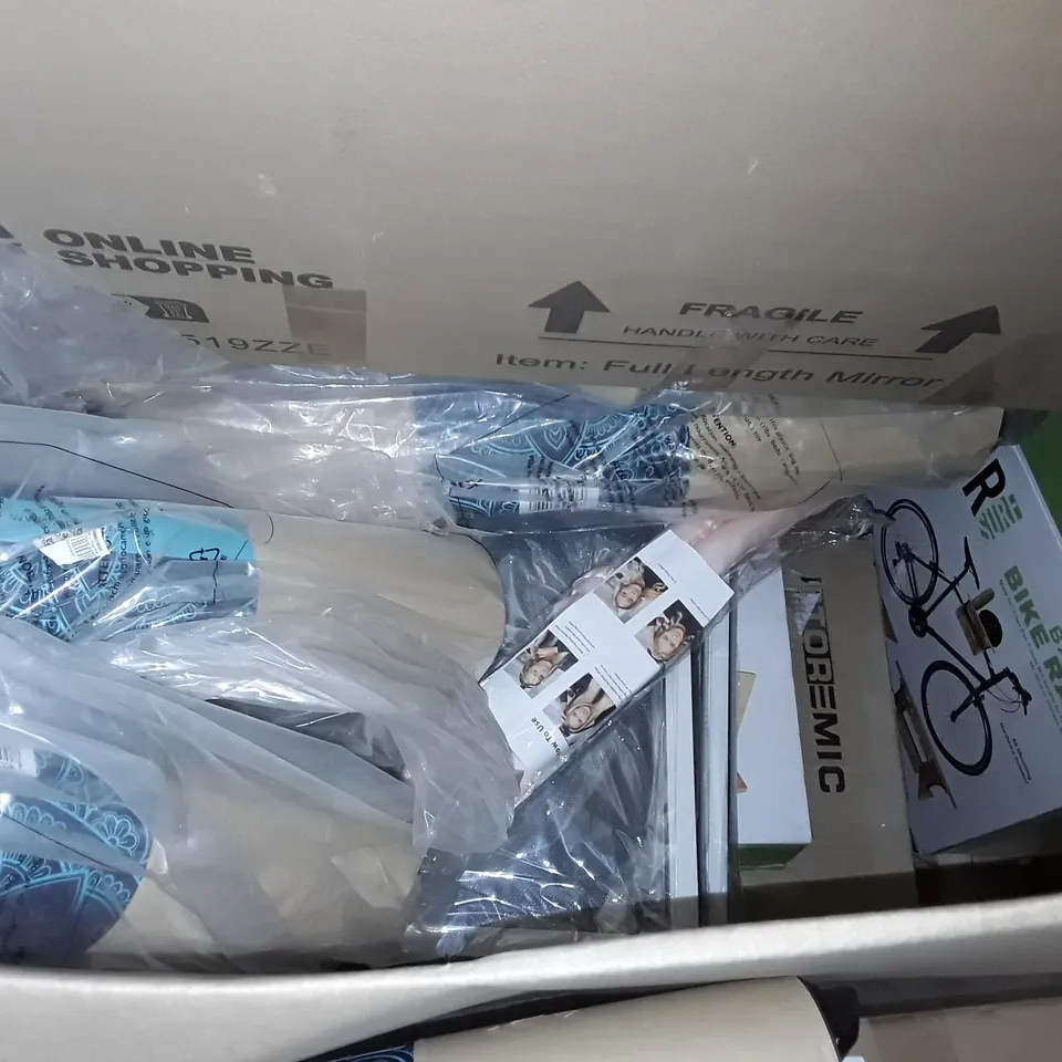 UNPROCESSED PALLET OF ASSORTED ITEMS TO INCLUDE MULTIPLE FUL LENGTH MIRRORS, BAMBOO BIKE RACKS AND YOGA MATS