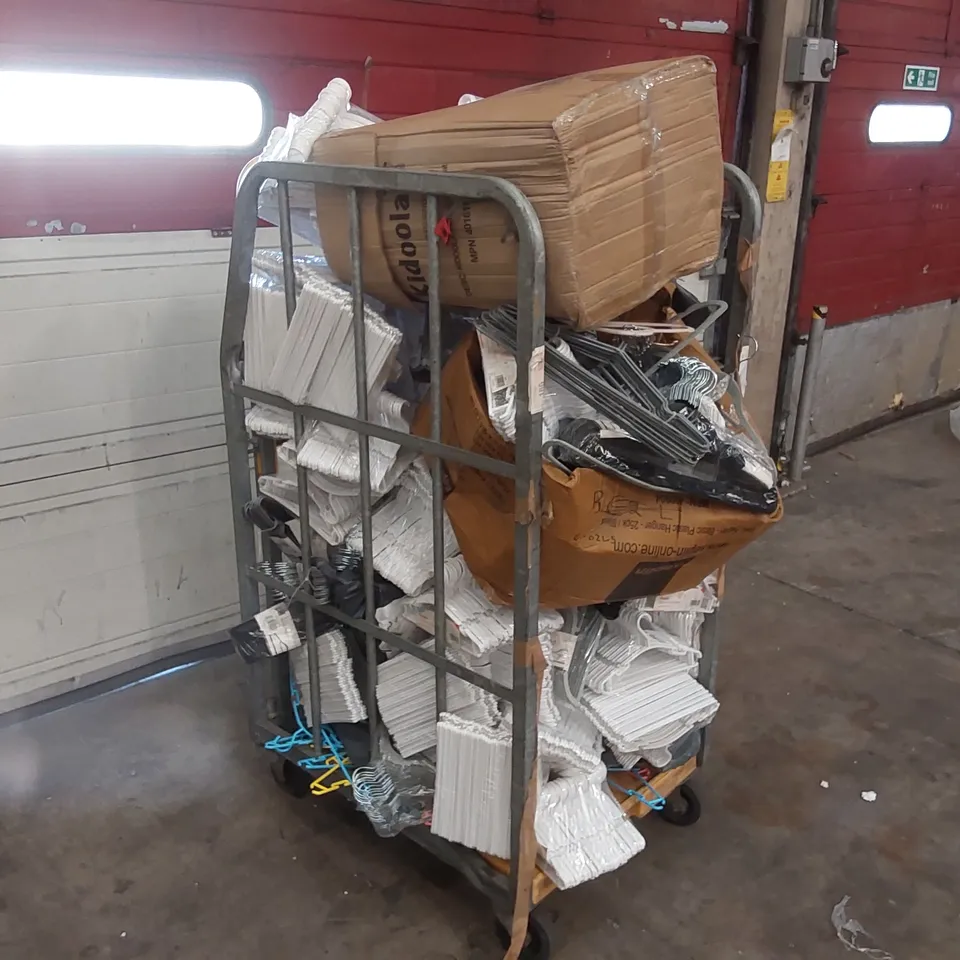 CAGE CONTAINING A LARGE ASSORTMENT OF COAT HANGERS AND OTHER CONSUMER PRODUCTS ECT // CAGE NOT INCLUDED 