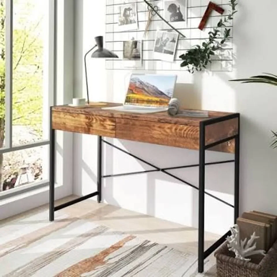 BOXED COSTWAY COMPUTER DESK WOODEN PC LAPTOP TABLE WRITING WORKSTATION WITH 2 DRAWERS - RUSTIC BROWN