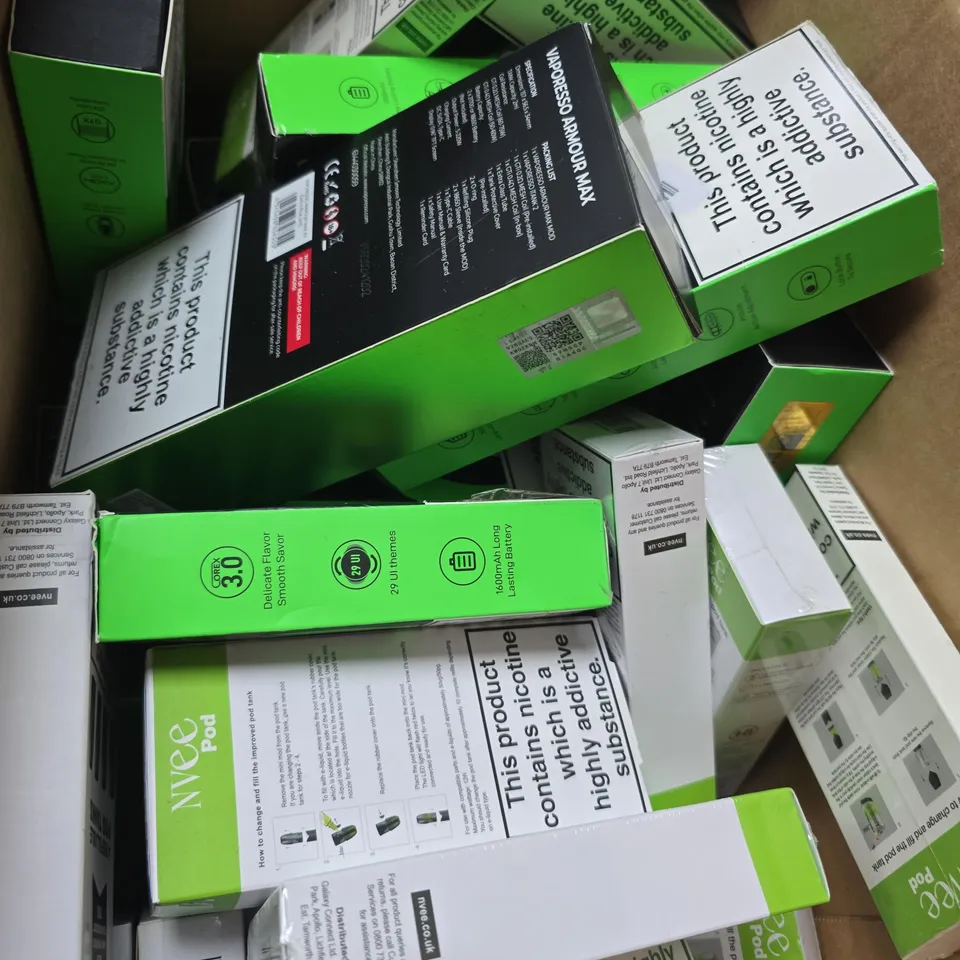 APPROXIMATELY 25 ASSORTED E-CIG PRODUCTS AND ACCESSORIES TO INCLUDE NVEE AND VAPORESSO