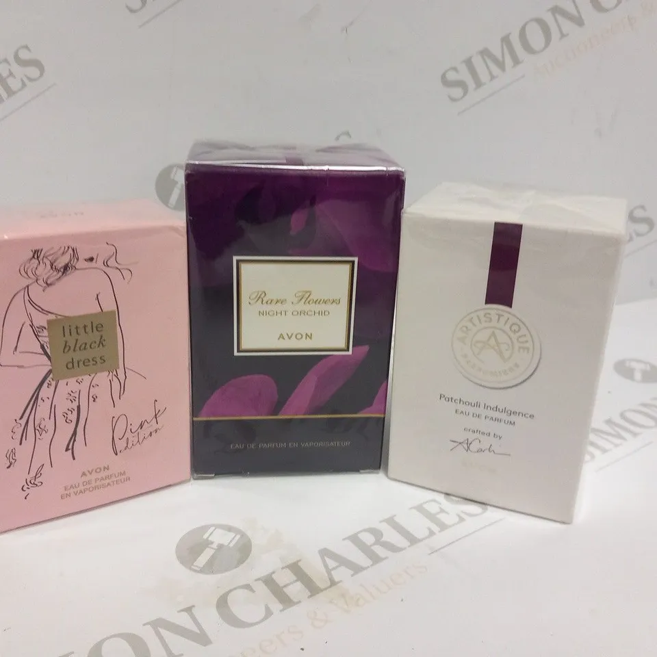 3 ASSORTED AVON SCENTS TO INCLUDE; LITTLE BLACK DRESS, RARE FLOWERS AND PATCHOULI INDULGENCE