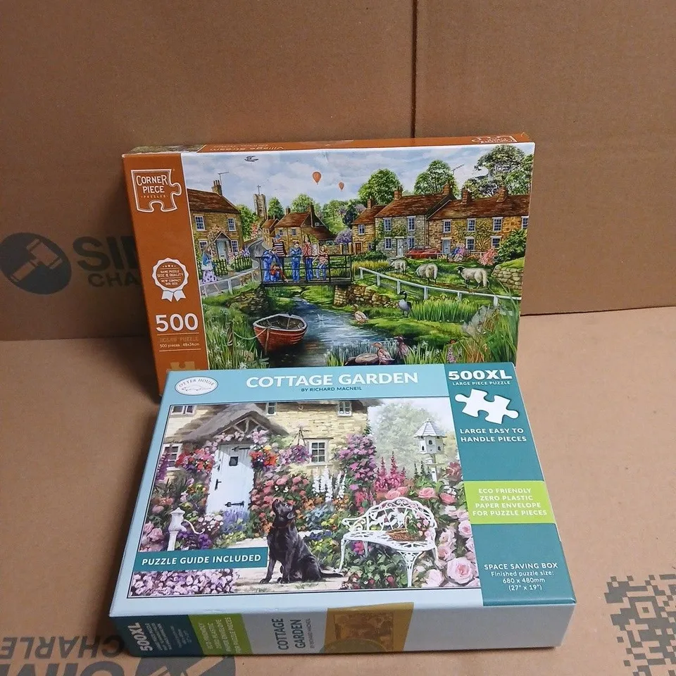 2 X JIGSAW PUZZLES: CORNER PIECE VILLAGE STREAM + OTTER HOUSE COTTAGE GARDEN