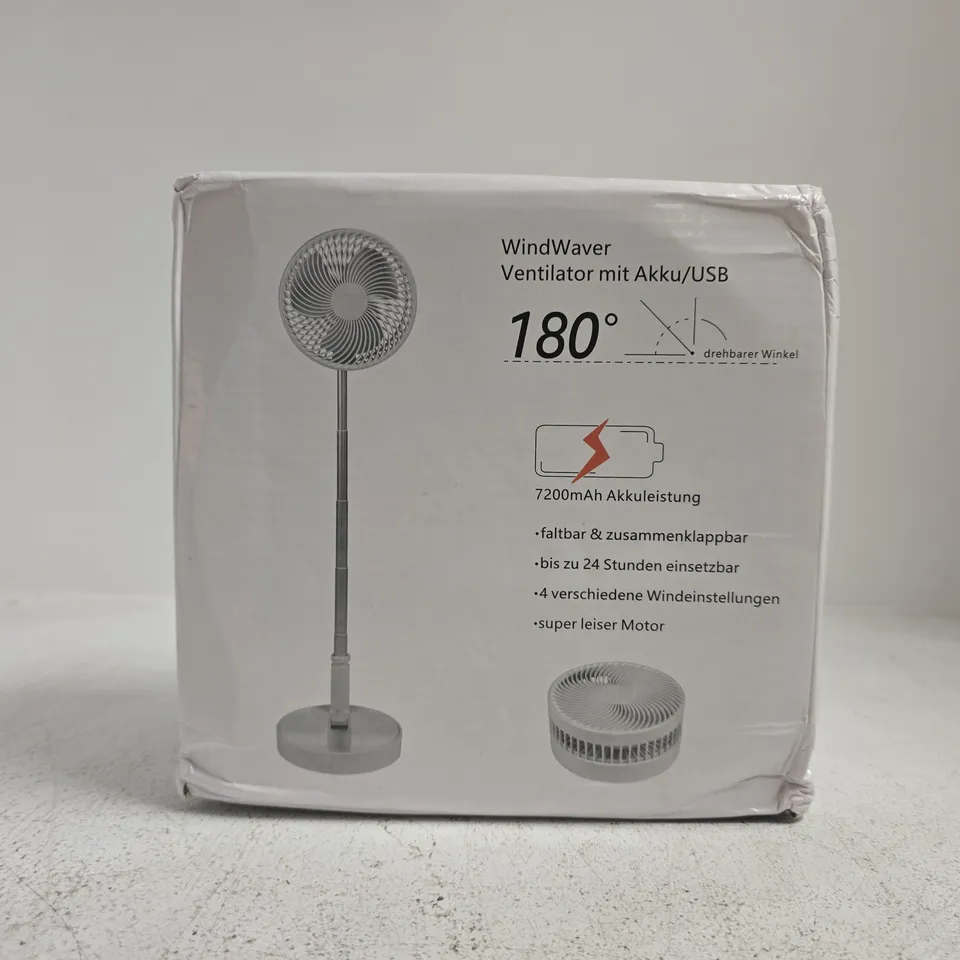 WINDWAVER USB RECHARGEABLE STANDING FAN – BOXED