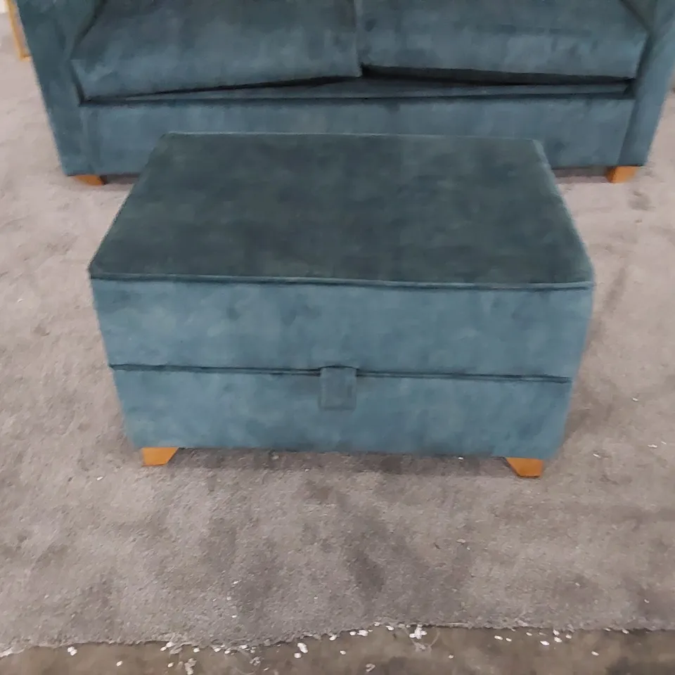 THE FOXHAM SOFA BED UPHOLSTERED IN OCEAN FABRIC WITH OTTOMAN STOOL